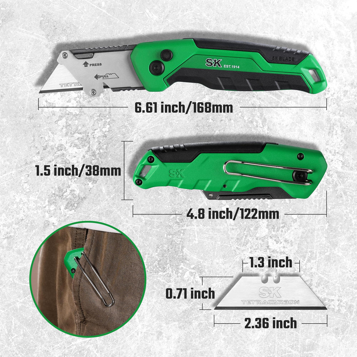 SK folding utility knife shows blade storage in the handle for quick access.