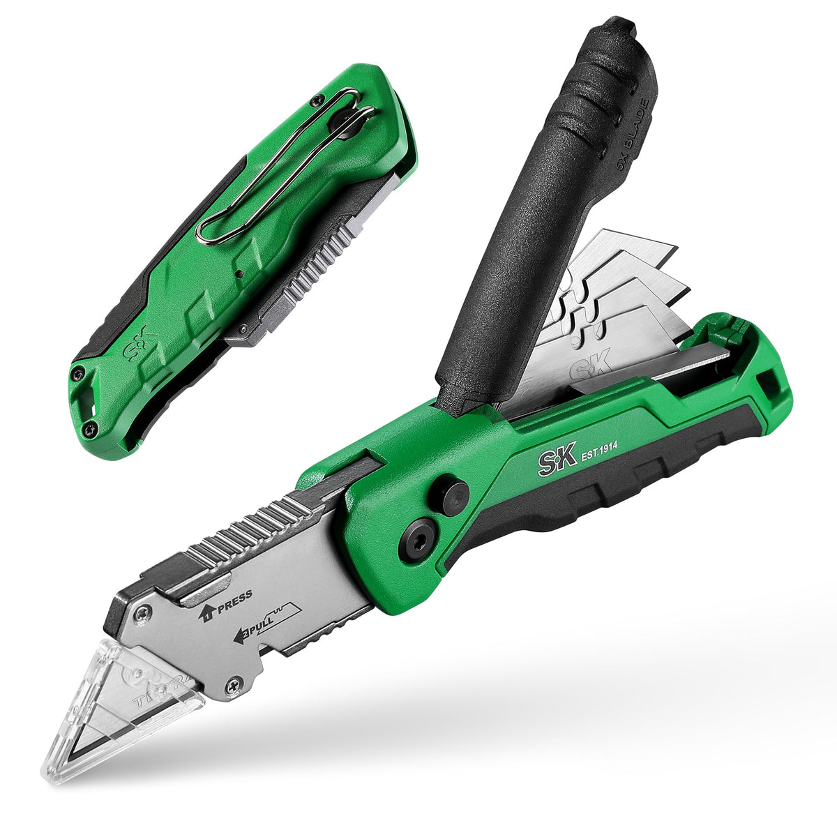 SK folding utility knife in folded form, ideal for compact carry.