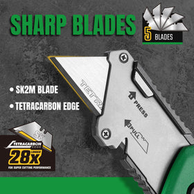 SK folding utility knife quick-change mechanism enables safe, one-handed blade swaps.
