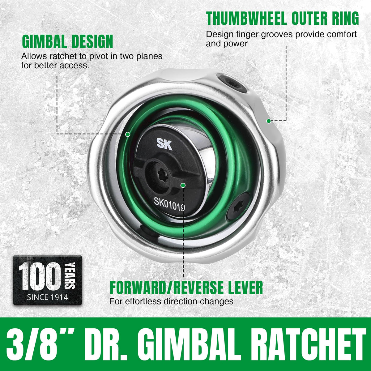 SK gimbal ratchet reversible lever for one-handed direction change.