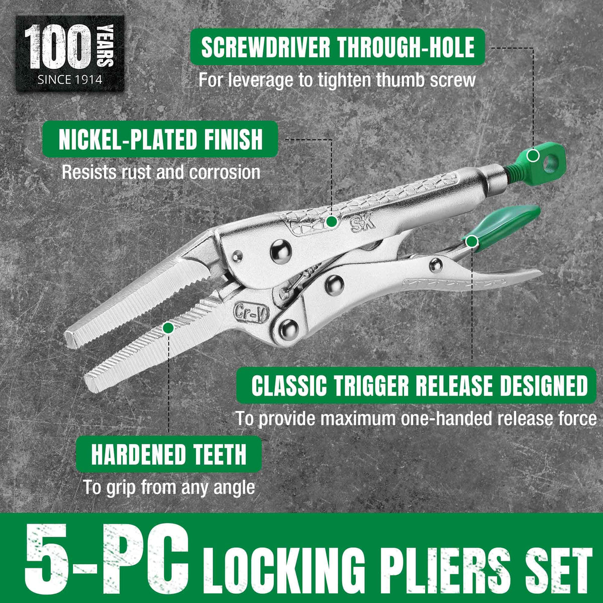 SK long nose locking pliers 7-inch provide solid leverage in tight spaces