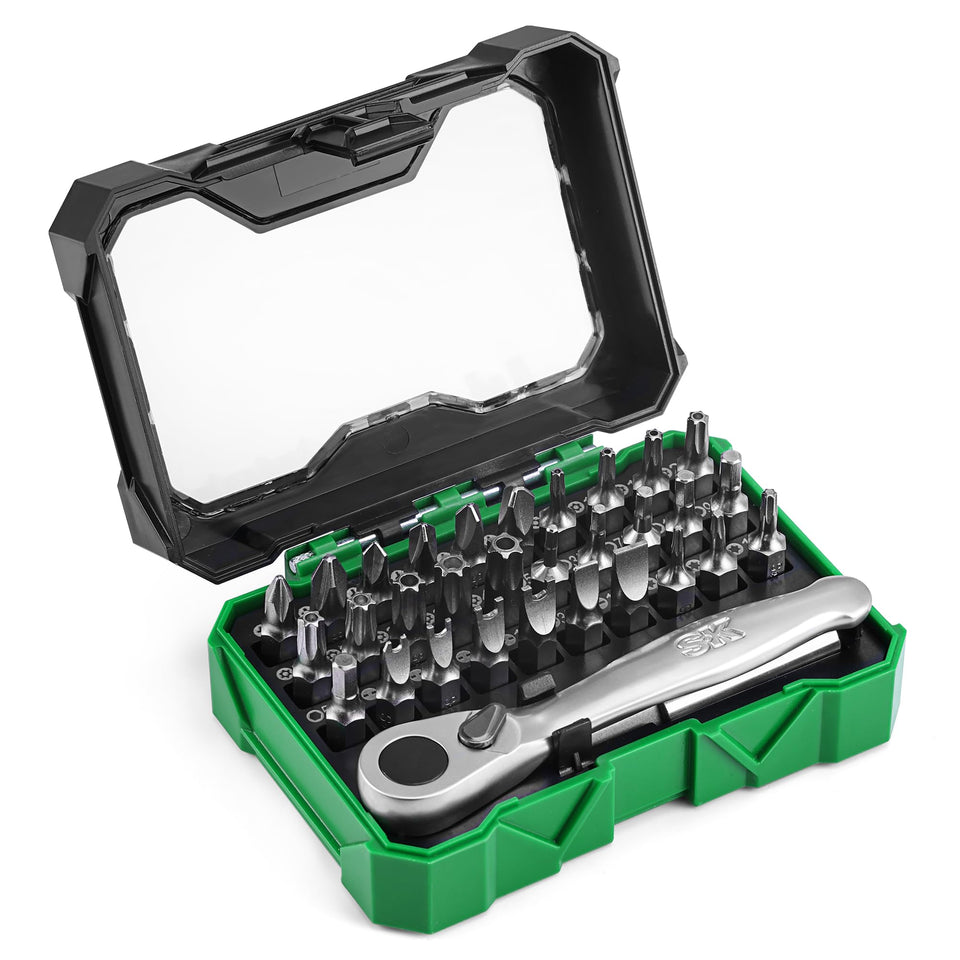 SK mini screwdriver bit set with 72-tooth ratchet for precise torque in tight spaces.