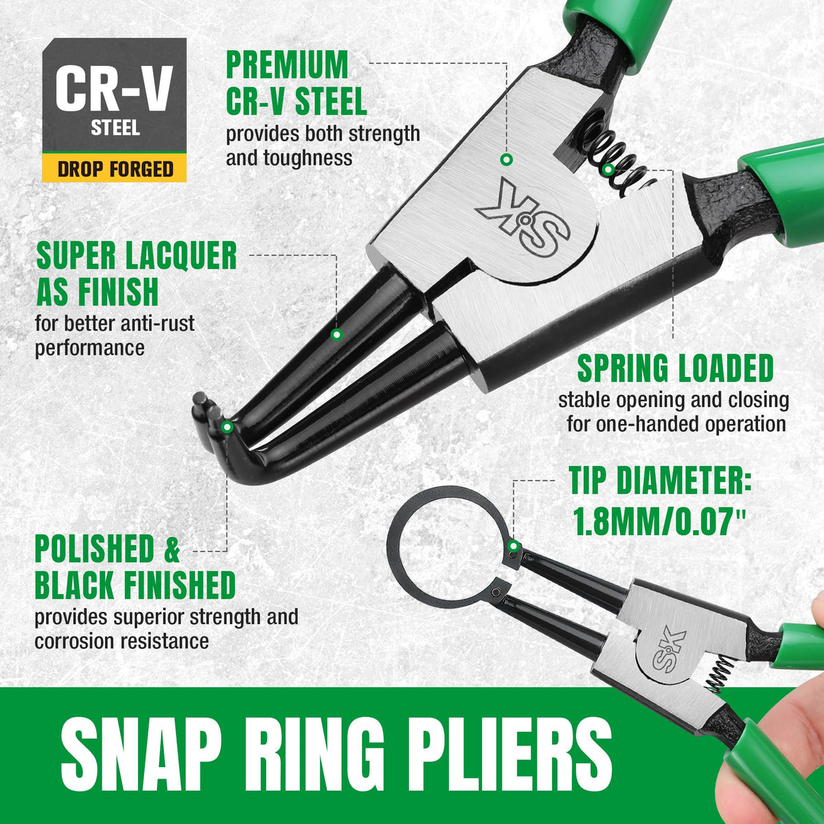 SK snap ring pliers 7-inch 90-degree external jaw for easy clip placement.