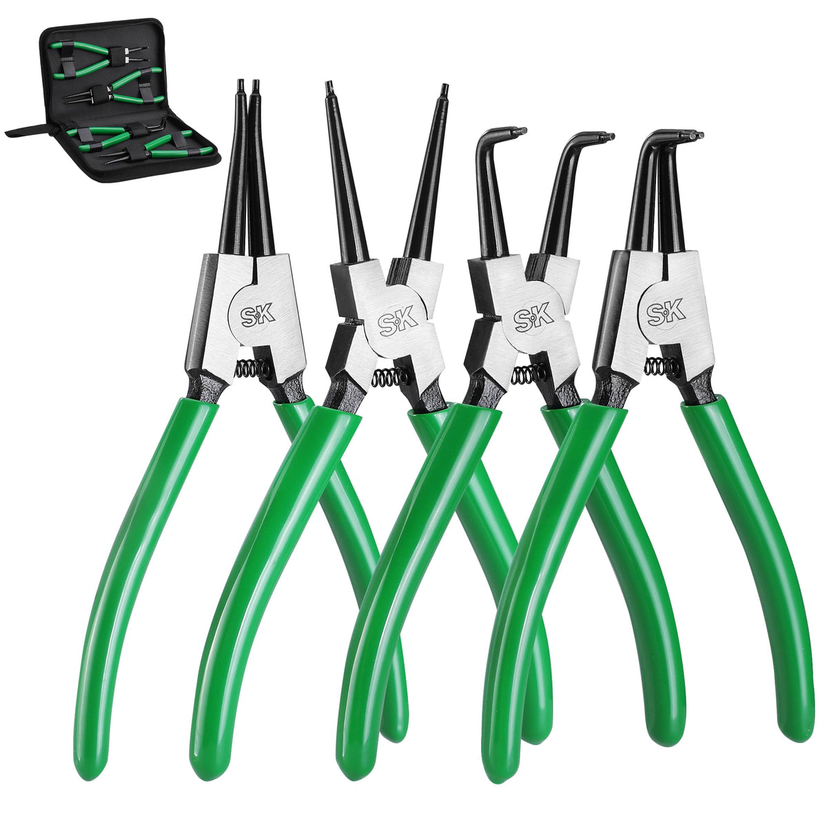 SK snap ring pliers 7-inch straight internal jaw for precise installation in tight spaces.
