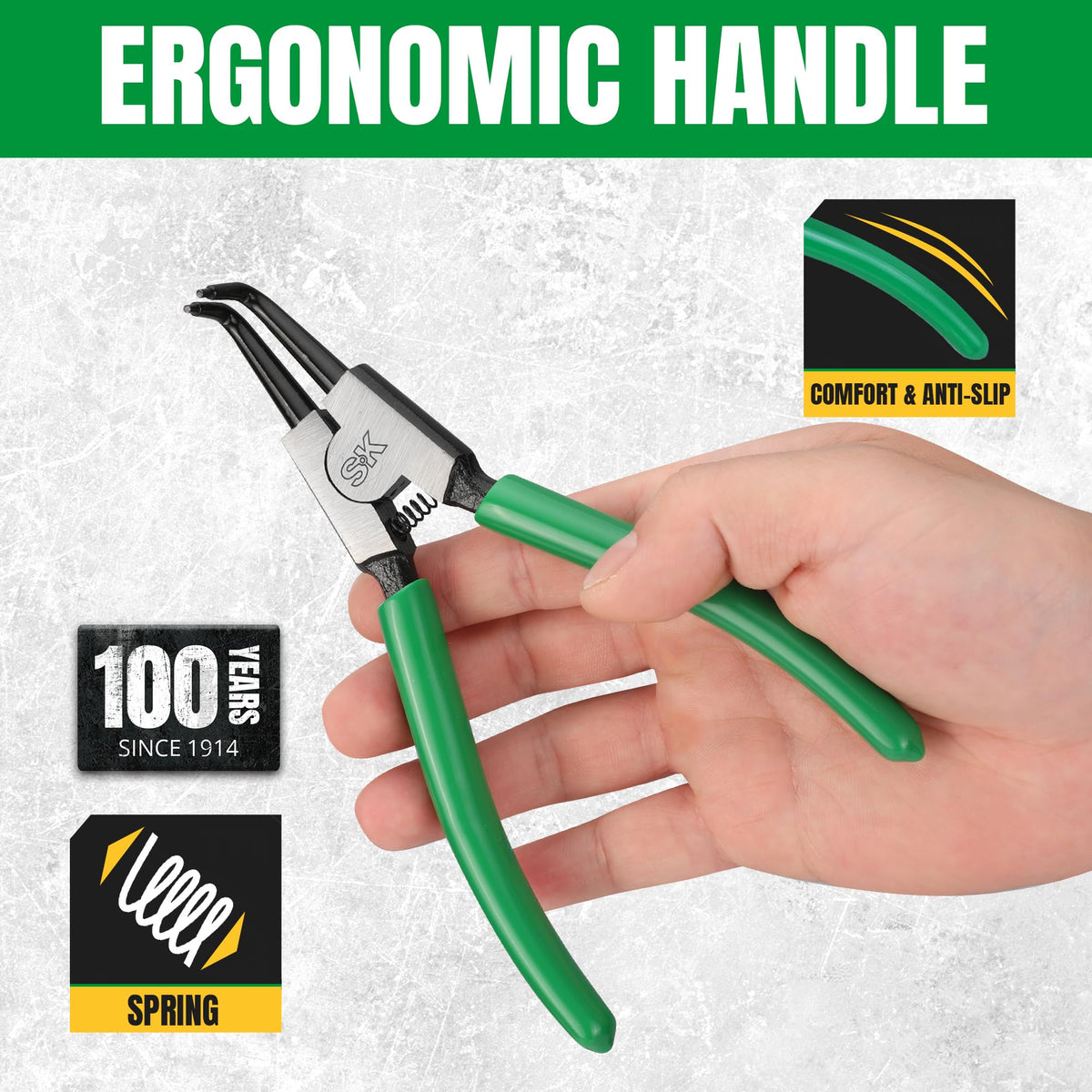 SK snap ring pliers ergonomic anti-slip grips reduce hand fatigue during use.