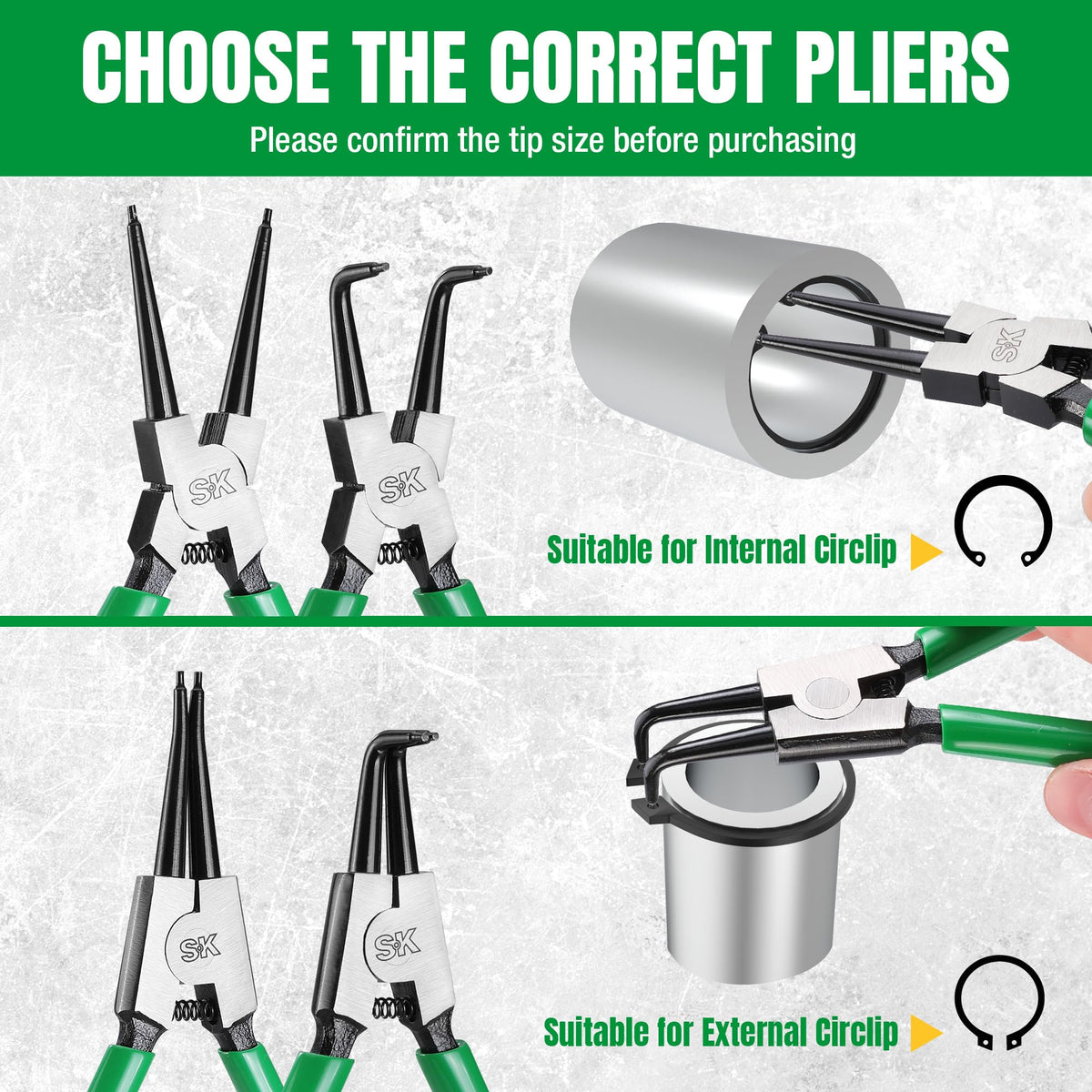 SK snap ring pliers spring-loaded design enables one-handed operation.