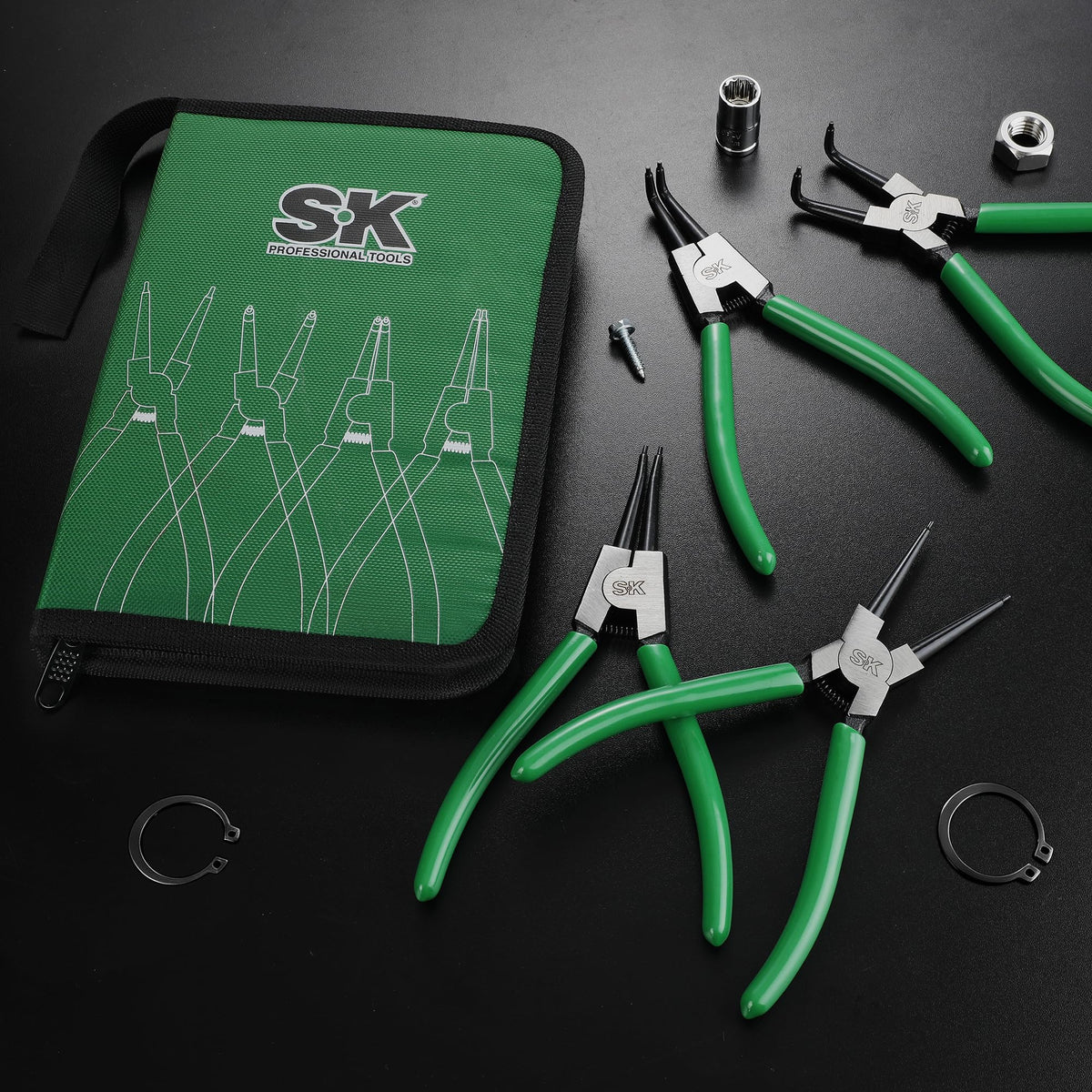 SK snap ring pliers with zipper pouch for organized tool storage.