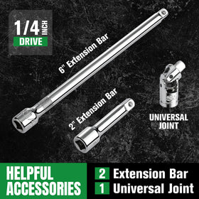 Universal joint and extension bars expand reach in tight spaces.