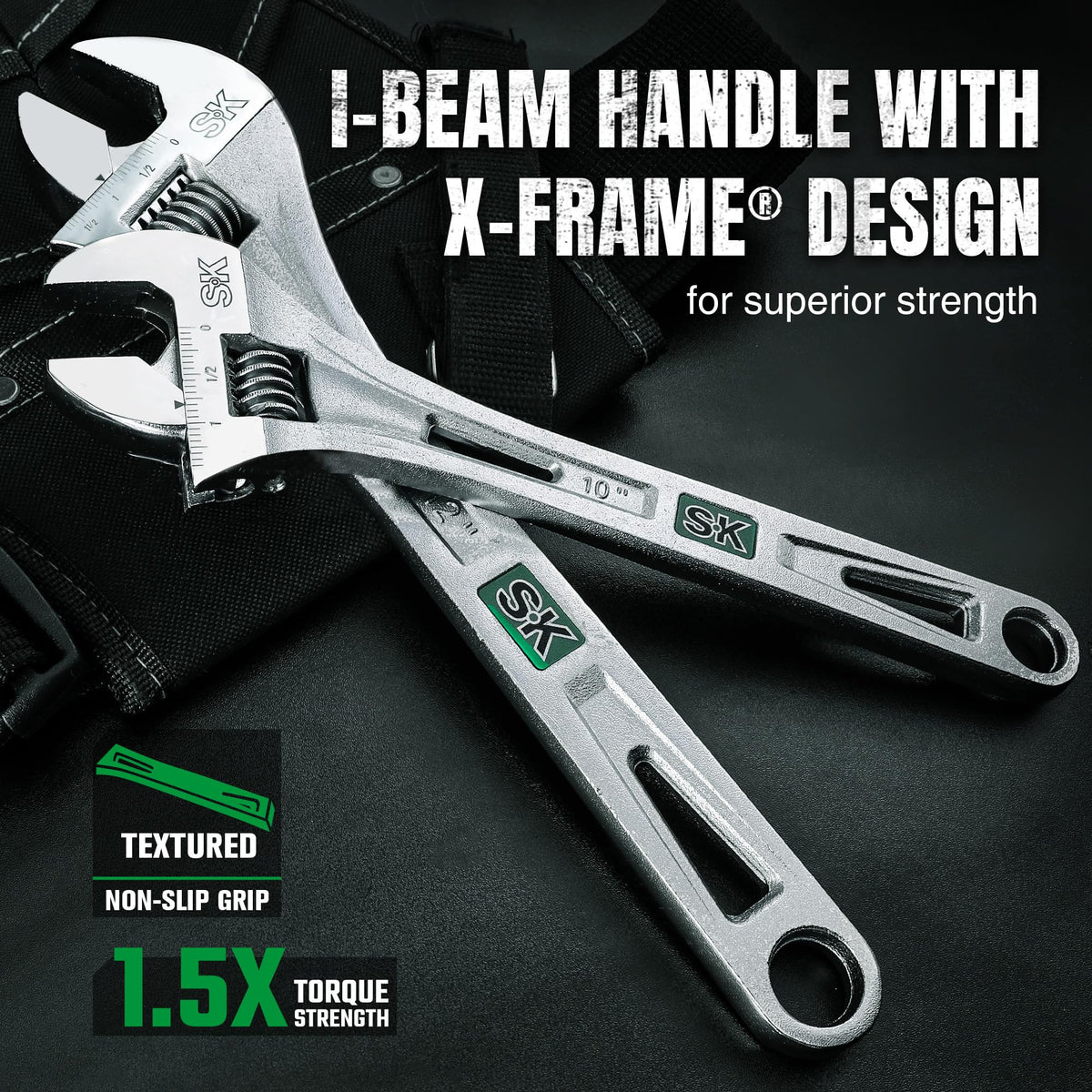 SK wrench with round hook hole for easy hanging near workspace.