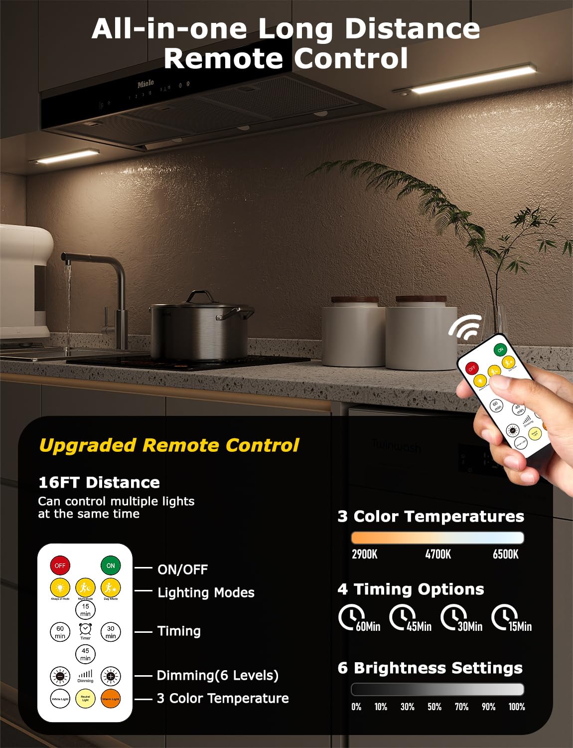Skairipa under-cabinet lights with remote for versatile color temps and timings