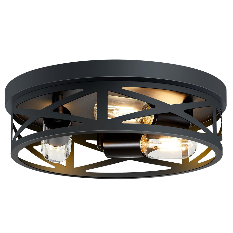 SKEJAO 3-light flush mount in black provides bold hallway illumination.