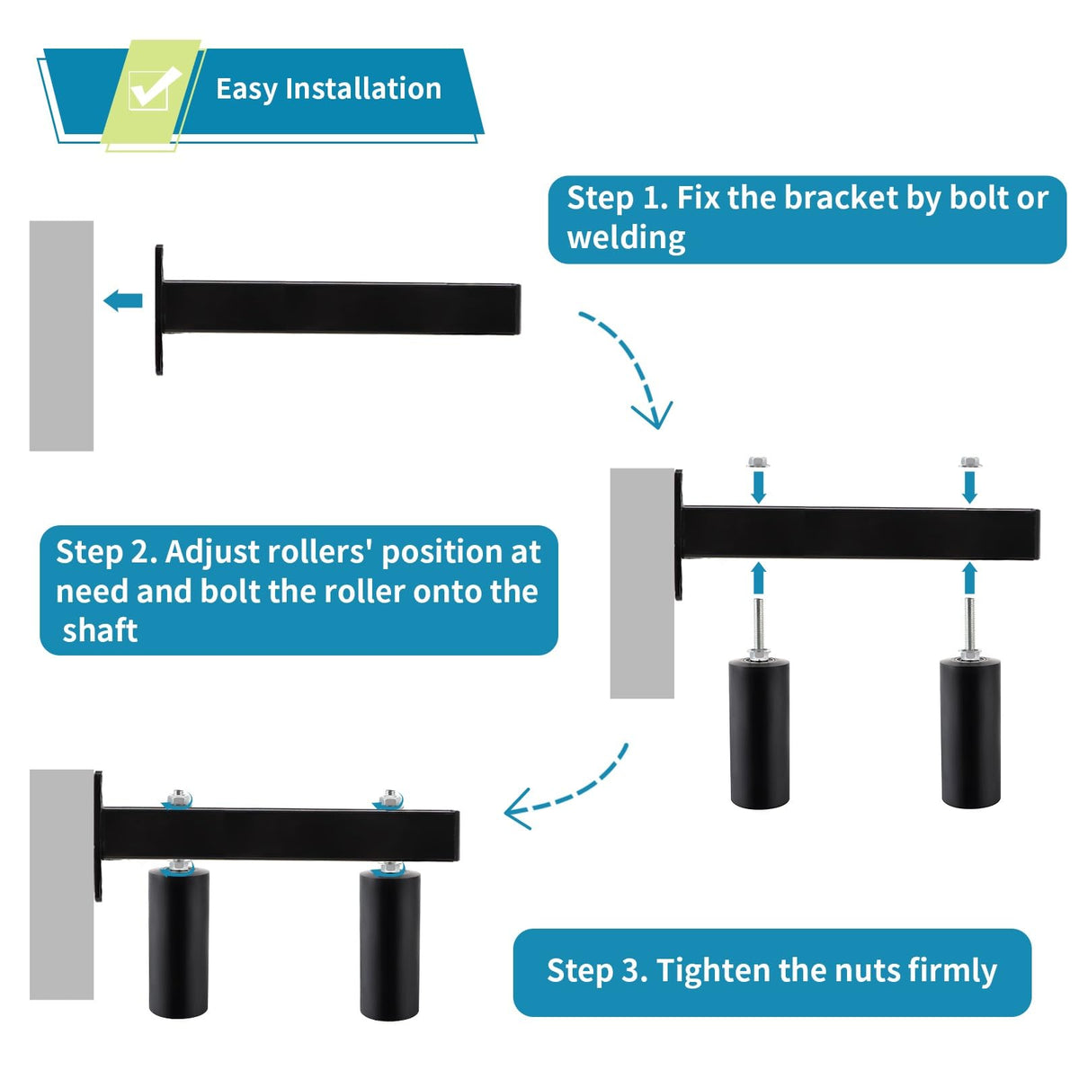 Skelang steel mounting bracket with black powder coat shown for sturdy gate support.