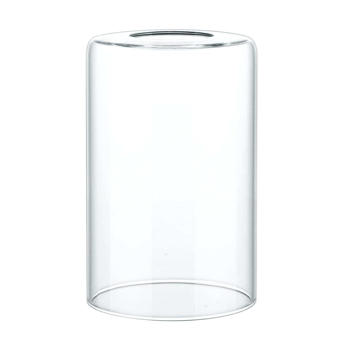 Skelang cylindrical glass shade with fitter opening for vanity lighting installations.