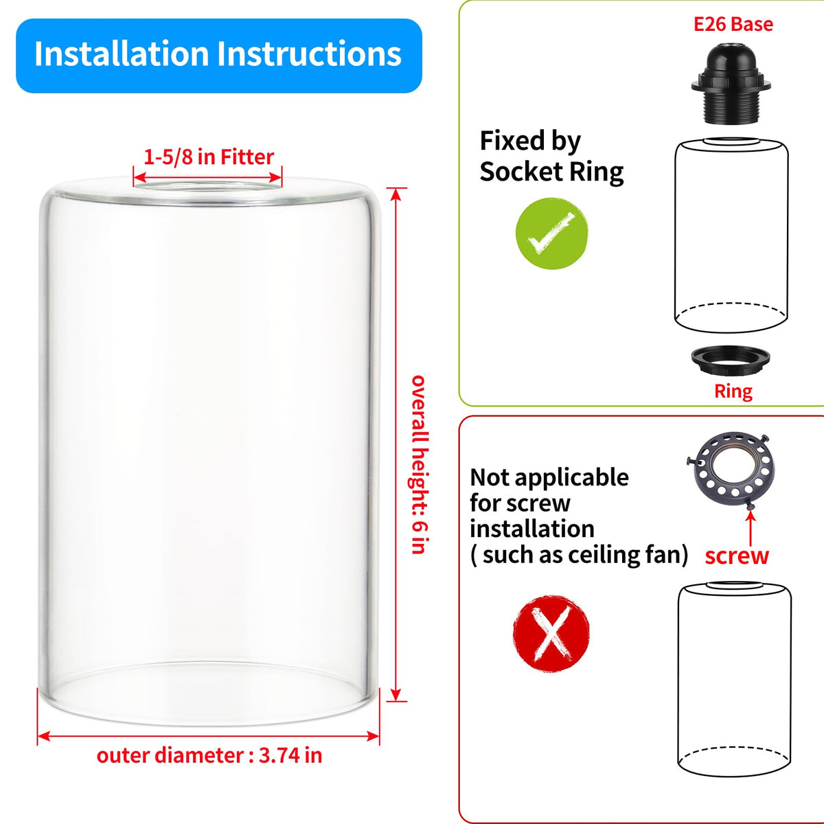 Skelang lip-less shade fits vanity fixtures, installable by tightening the ring.