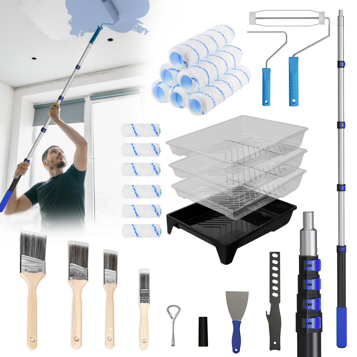 SKGPOLE paint roller kit extended to 4.4 ft for high walls and ceilings.