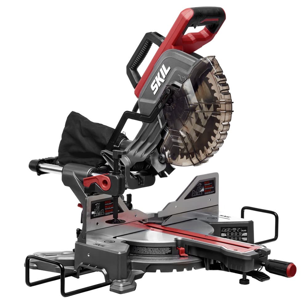 Skil MS6305-00 miter saw front angle view highlighting precision for clean cuts.