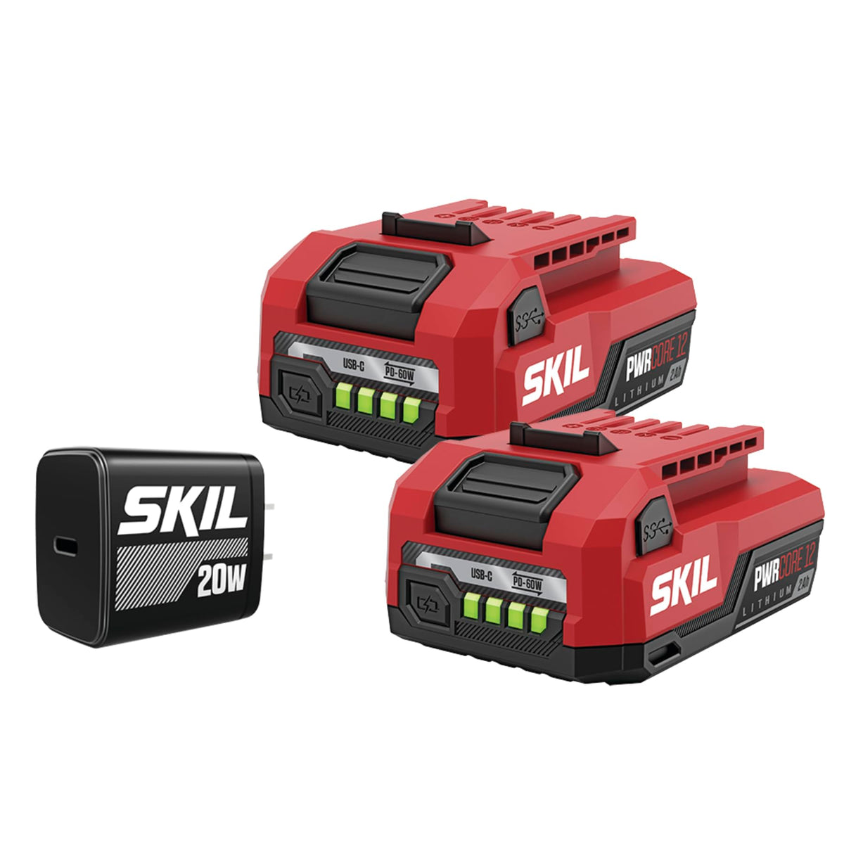 SKIL PWR CORE 12 starter kit with two 2.0Ah USB-C batteries and charger for on-the-go power.