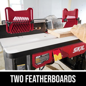Skil SRT1039 two featherboards reduce kickback and increase control.