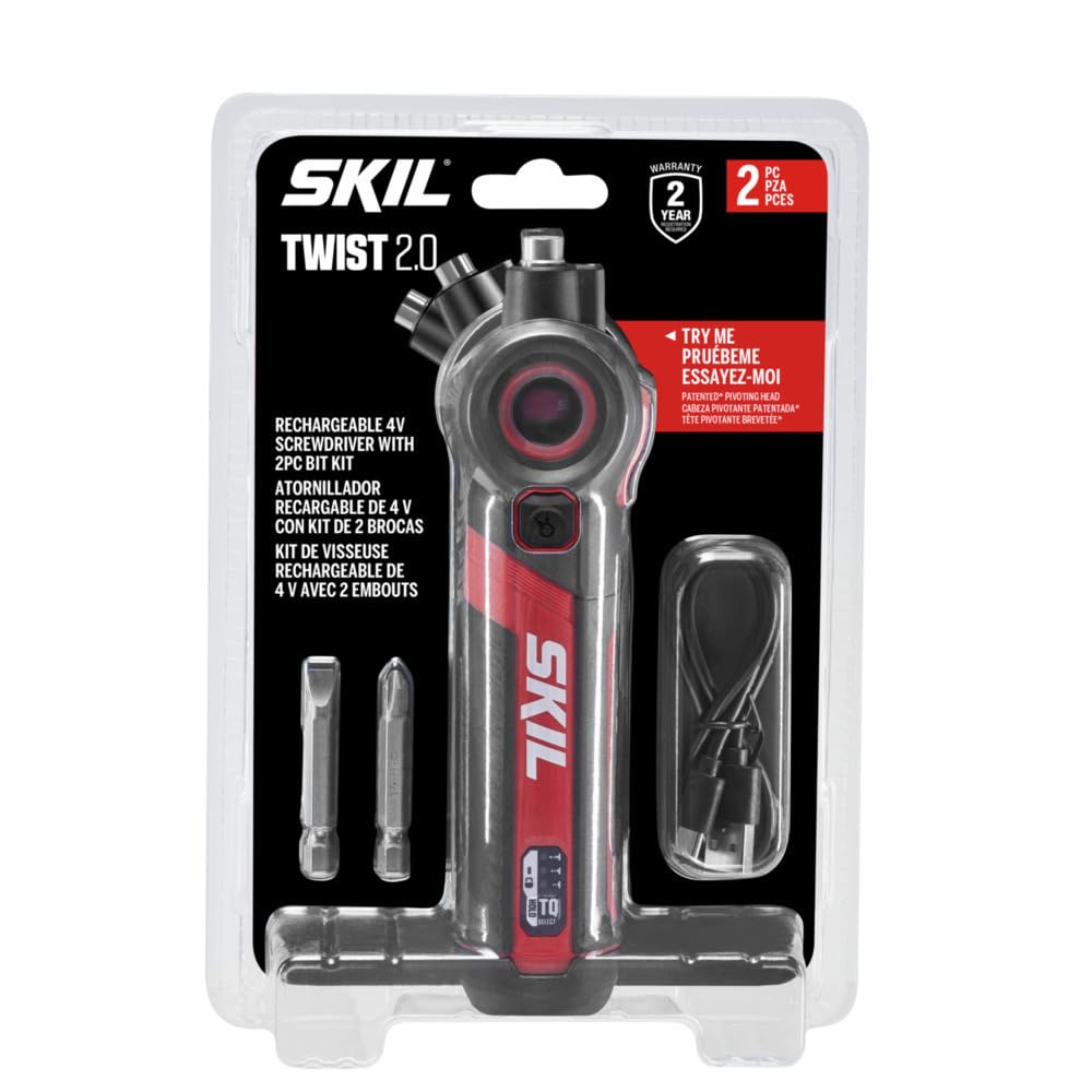 SKIL Twist 2.0 pivoting head reaches tight spaces for cabinet screws.