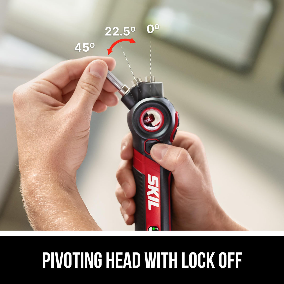 SKIL Twist 2.0 screwdriver pivoted at 22.5 degrees for easy reach