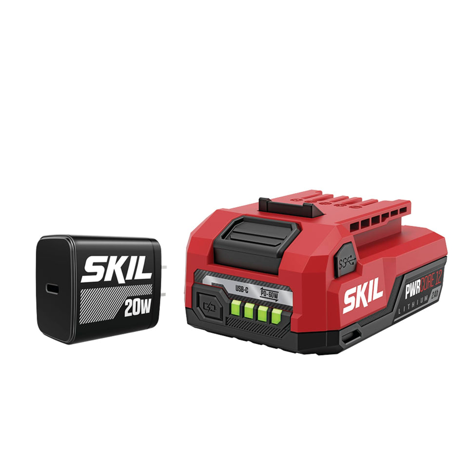 SKIL PWR CORE 12 Starter Kit image showing battery and charger for fast, on-the-go power.