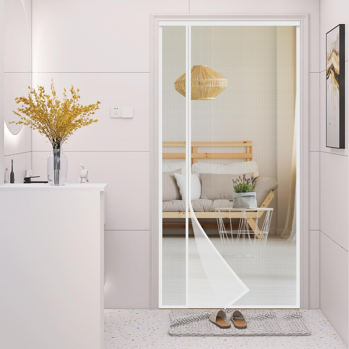Skloopearg white fiberglass magnetic screen door with reversible left-right opening.