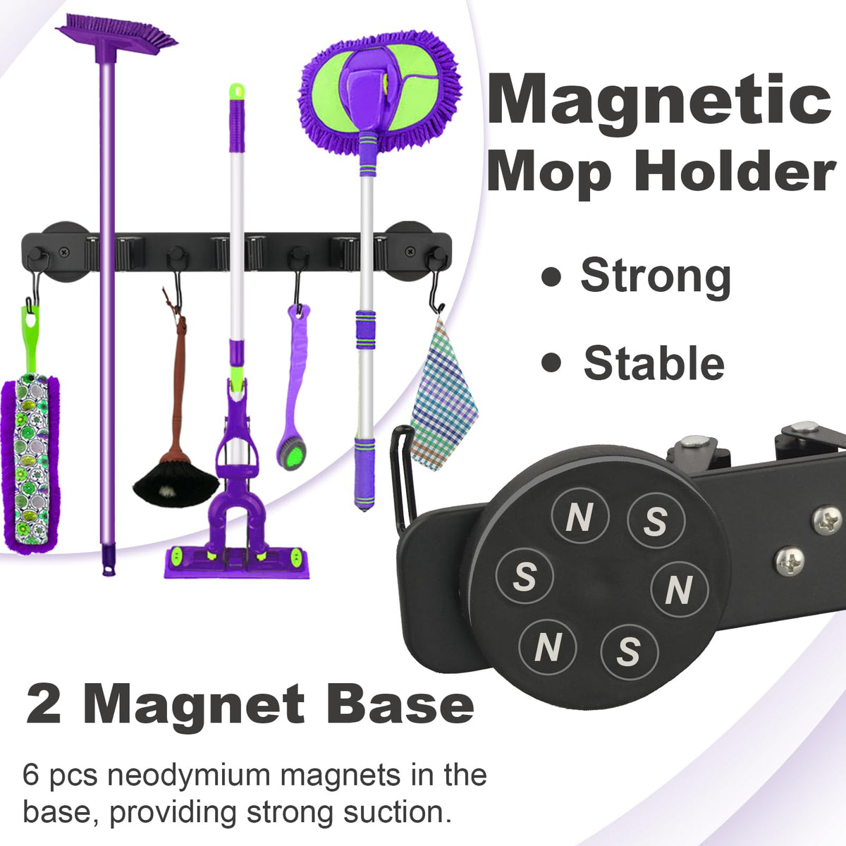 SKNOOY heavy-duty magnet base mount securely holds brooms on metal surfaces.