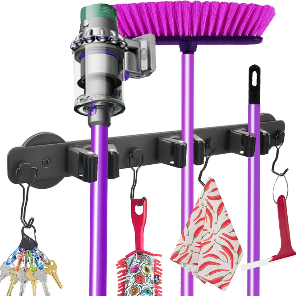 SKNOOY magnetic mop holder with four hooks keeps tools accessible.