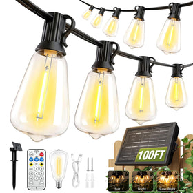 Skoiuc 100ft solar string lights illuminate a large patio for seamless coverage