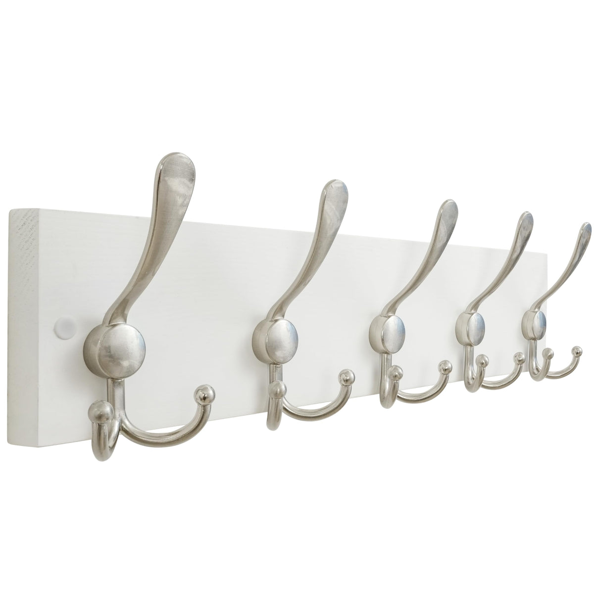 SKOLOO Creations white solid wood wall coat rack with five hooks for organized entryways.
