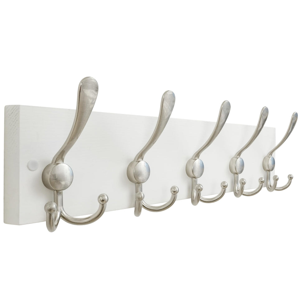 SKOLOO Creations white solid wood wall coat rack with five hooks for organized entryways.