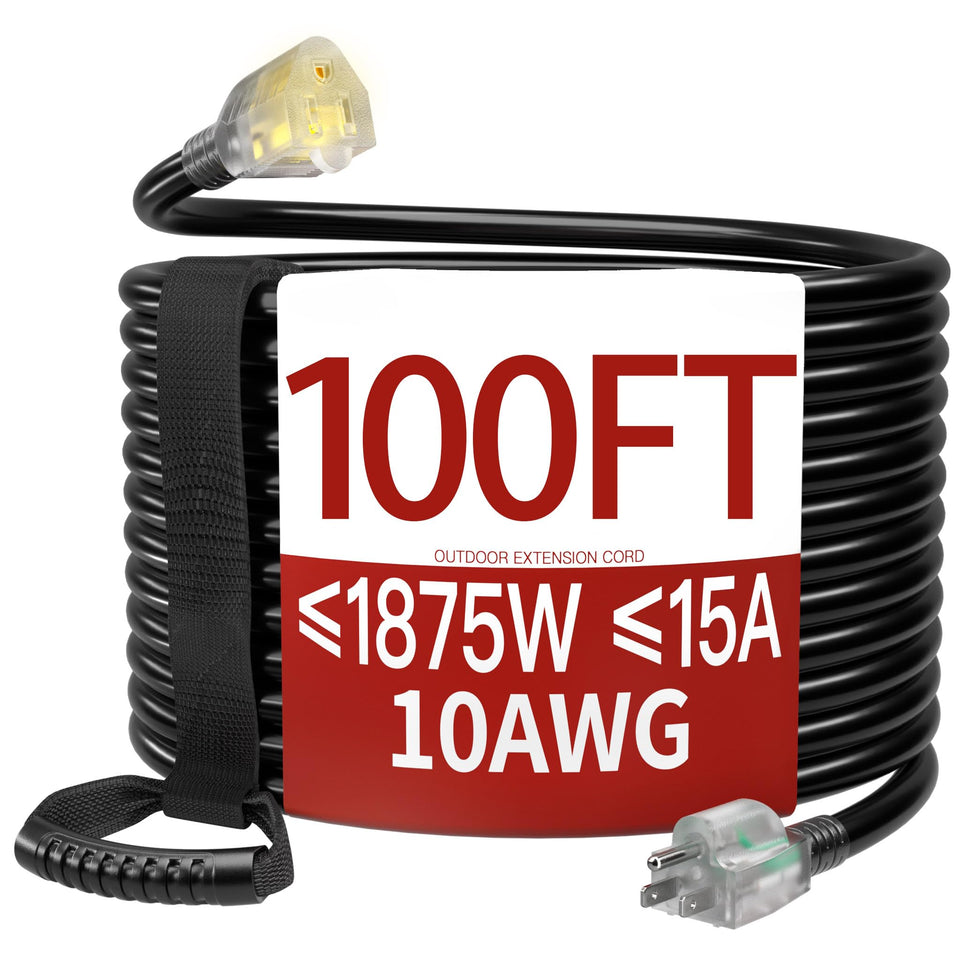 Skrizcable 100ft 10ga outdoor extension cord resting across grass for long outdoor runs
