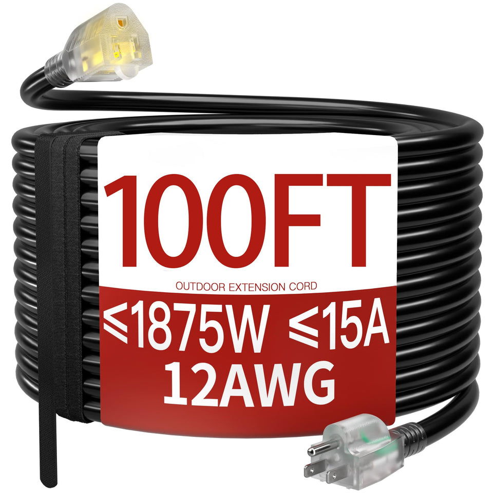 Skrizcable 100 ft 12-gauge extension cord ready for outdoor lawn use.