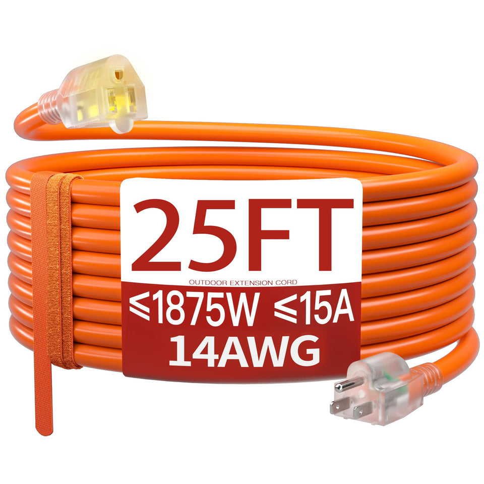 Skrizcable 25 ft outdoor extension cord with LED end improves night visibility.