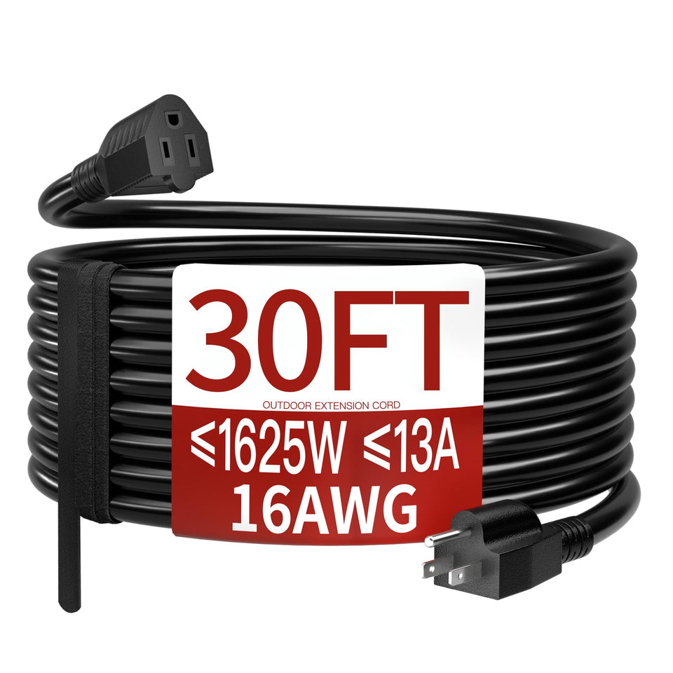 Skrizcable 30ft outdoor extension cord coiled and ready for weatherproof use with lawn tools
