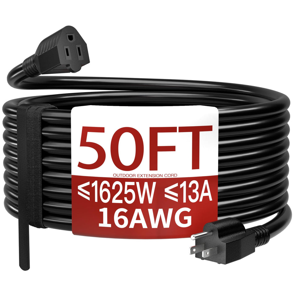 Skrizcable 50ft outdoor extension cord black for lawn and garden power access.