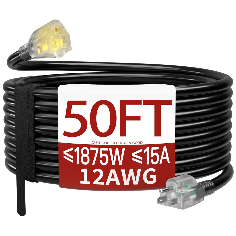 Skrizcable 50 ft outdoor extension cord full view for lawn and garden power needs.
