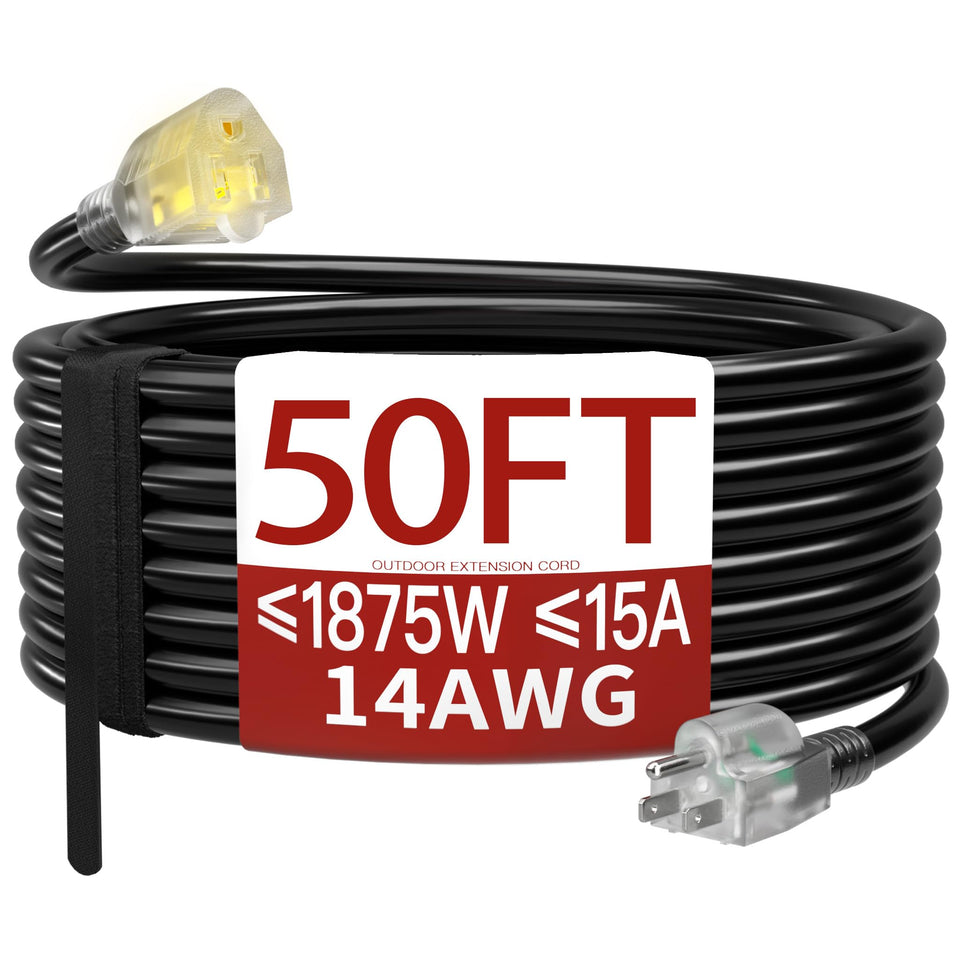 Skrizcable 50ft outdoor extension cord displayed across a garden space for flexible power reach