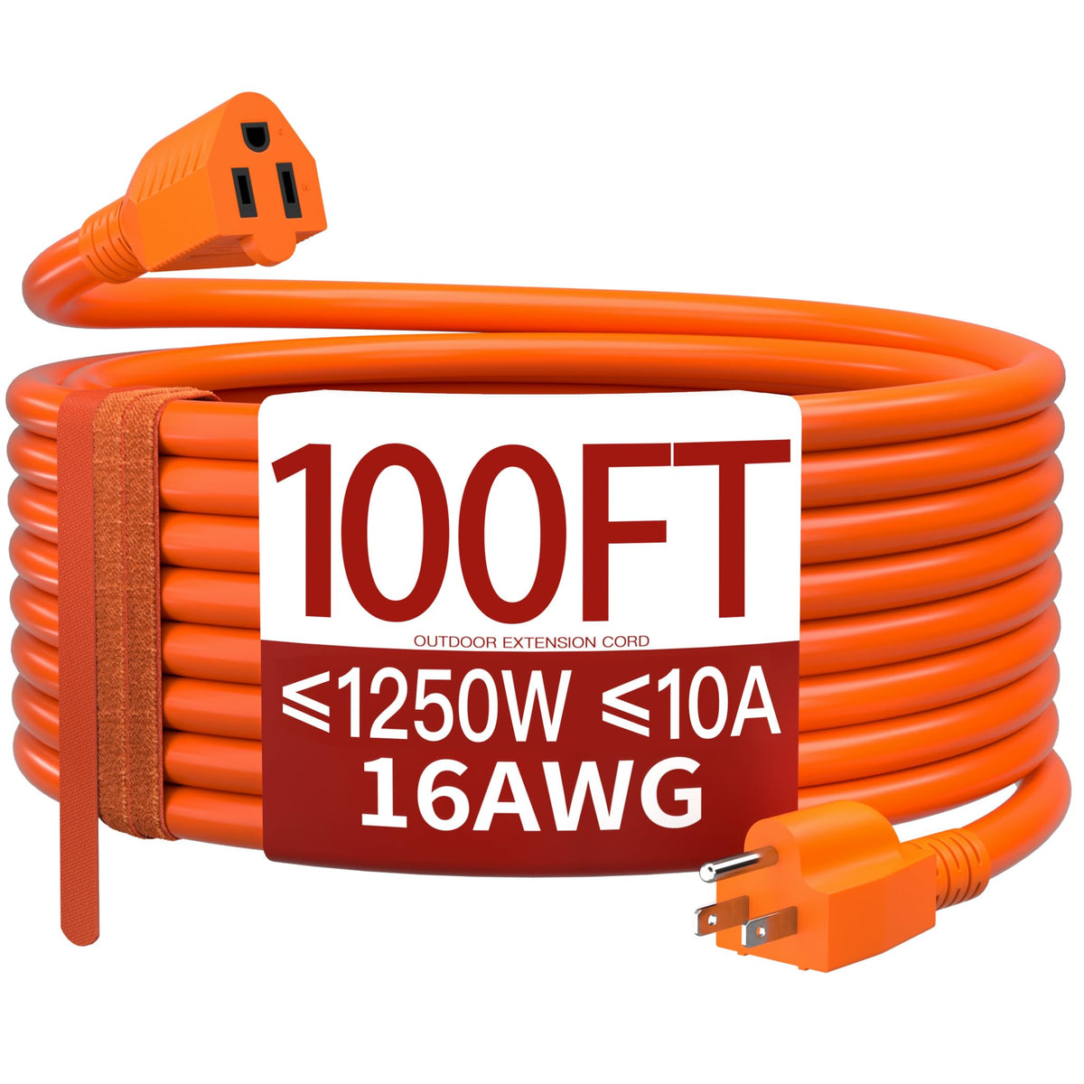 Skrizcable extension cord 100ft, orange, coiled for easy storage and ready reach.