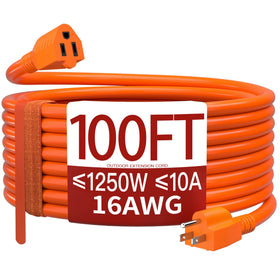 Skrizcable extension cord 100ft, orange, coiled for easy storage and ready reach.