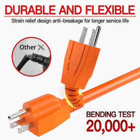 Skrizcable extension cord orange jacket closeup with durable insulation and flexible construction.