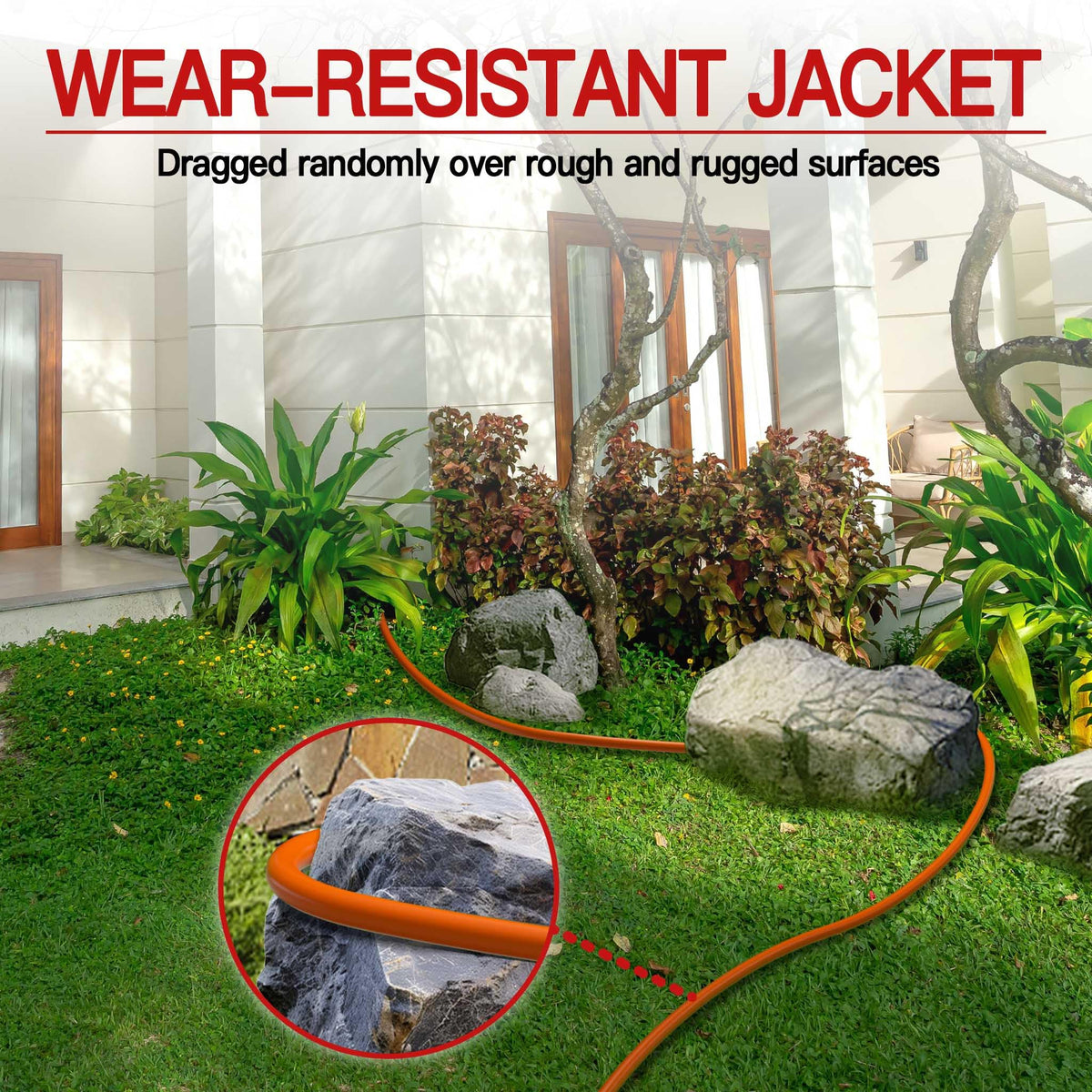 Skrizcable extension cord outdoors on a project shows high visibility for easy spotting.