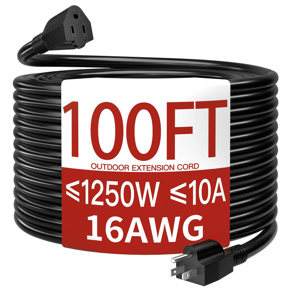 Skrizcable 100 ft outdoor extension cord coiled view for yard use and easy setup