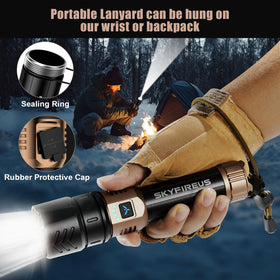 SKYFIRE flashlight includes emergency tool and lanyard for safety