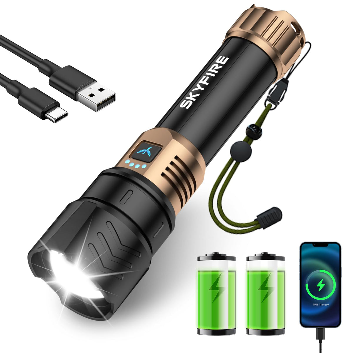 SKYFIRE flashlight comes in gift-ready packaging for outdoor enthusiasts
