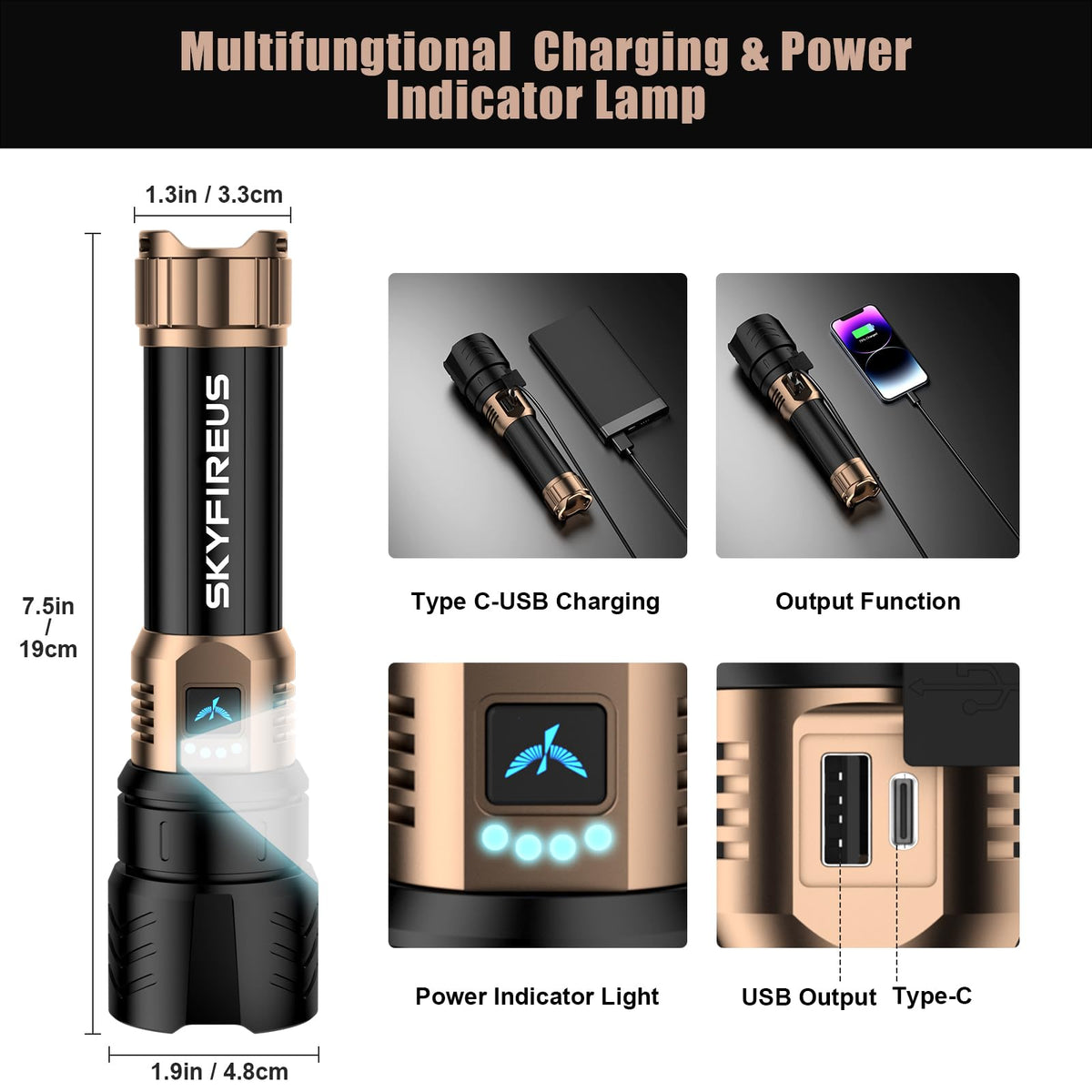SKYFIRE flashlight long runtime reaches up to 60 hours on low mode
