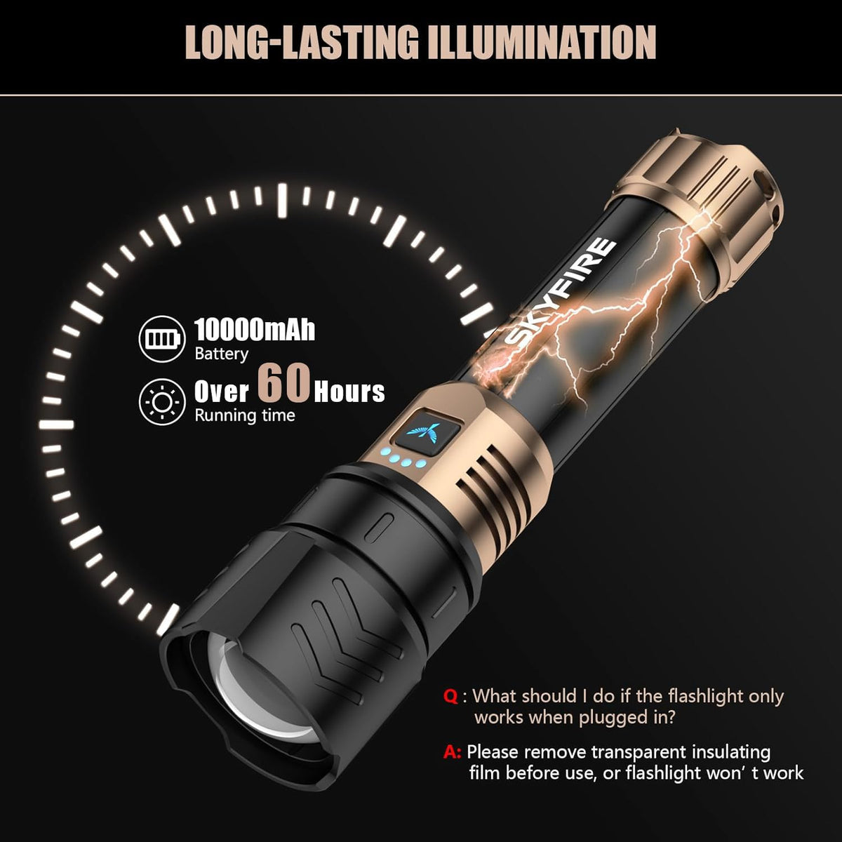 SKYFIRE flashlight USB-C charging port for quick recharge during travels
