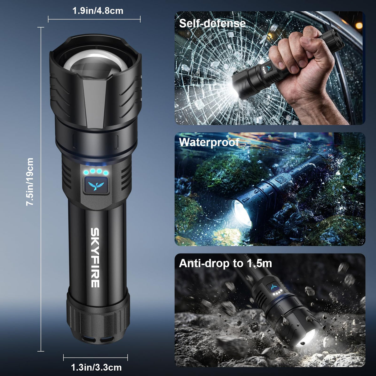 SKYFIRE waterproof and drop‑resistant design withstands rugged conditions