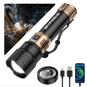 SKYFIRE flashlight with ignition lens showing fire-start capability for outdoor use.