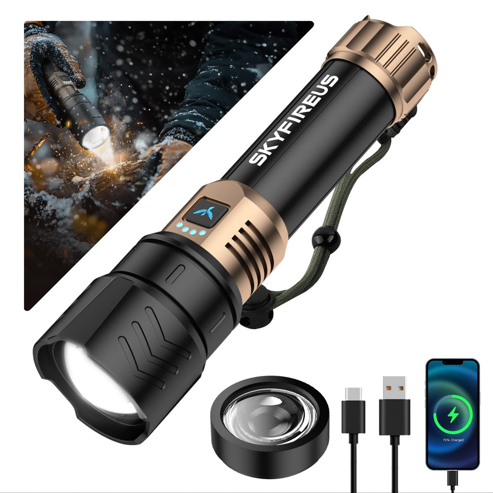 SKYFIRE flashlight with ignition lens showing fire-start capability for outdoor use.